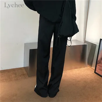 Lychee Harajuku Negru Cu Fermoar Femei Pantaloni Talie Elastic Pantaloni Drepte Moda Casual Lejere De Toamna Pantaloni