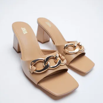SOUTHLAND Z design kaki sandale lanț de Metal de înaltă tocuri Nou cap Pătrat-Un cuvânt cu sandale toc gros sandale femei