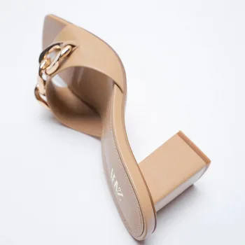 SOUTHLAND Z design kaki sandale lanț de Metal de înaltă tocuri Nou cap Pătrat-Un cuvânt cu sandale toc gros sandale femei