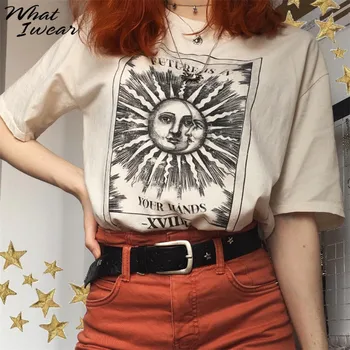 Sun Moon Grafic de Imprimare de Moda Casual Femei Tricou Kaki Pierde O-gât Jumătate Manșon Elastic Teuri Vara Noi Acasa Fierbinte de Bună Calitate