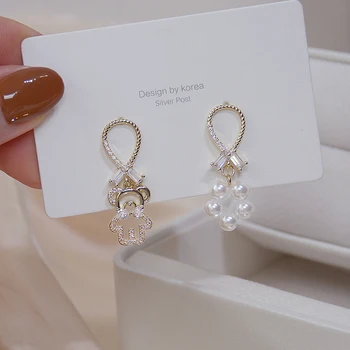Drăguț Mic Urs Asimetrie Perla de Cristal Cercel pentru Femei 14K Aur Adevărat Micro Încrustat Zircon Cercei Stud de zi cu Zi Bijuterii Pandantiv