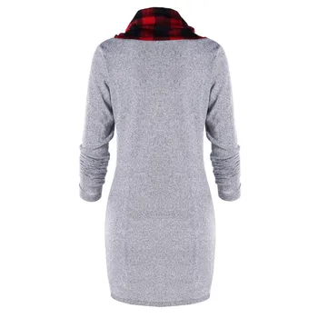 Toamna Iarna Cald Tricou cu mâneci Lungi Rochie de Moda pentru Femei Carouri Eșarfă Guler Butoane Decor Mozaic Rochie Casual