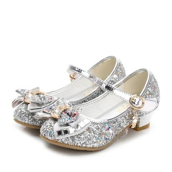 Printesa Copii Pantofi de Piele pentru Fete de Flori Casual Sclipici Copii Toc 2021 Pantofi Fete Nod de Fluture Albastru-Roz Argintiu