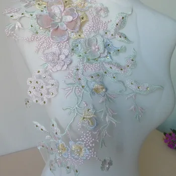 Una Bucata 30*23 cm 3D Flori Colorate Ochiuri Brodate Pearl Margele Dantelă Aplicatiile Cu Paiete DIY Dantela Tesatura Tapiterie