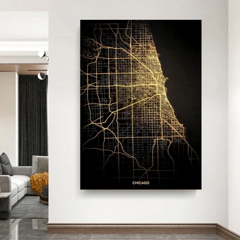 Chicago, New York, Washington Harta Orașului Poster Aur Negru High-End Acasă Decorative Canvas Tablou pentru Decor de Perete