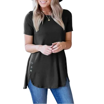 Fierbinte de vânzare în Europene și Americane butonul de decor neregulate de culoare pură cu maneci scurte T-shirt girl