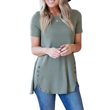 Fierbinte de vânzare în Europene și Americane butonul de decor neregulate de culoare pură cu maneci scurte T-shirt girl
