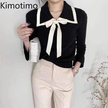 Kimotimo Coreean Pulover Tricot Topuri 2020 Toamnă De Primăvară De Mult Flare Pulover Maneca Asul Arc Elegant Chic Vintage Femei De Îmbrăcăminte