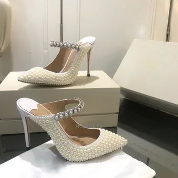 Lustruite tocuri inalte papuci femei Subliniat toe superficial gura șir de mărgele sandale 2020 pista pompe de sexy partid rochie de zână pantofi