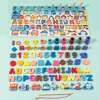 Macarons de Trafic cu Numere de Forma Cognitive Sase-in-One de Pescuit Numerele de Bord Puzzle din Lemn Puzzle Jucărie de Învățământ