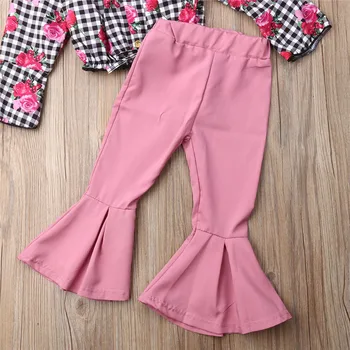2 BUC Copii Fete Copii Florale haine cu maneca lunga de pe umăr Carouri Topuri +roz Evazate Pantaloni-Clopot fund Costume Set Haine