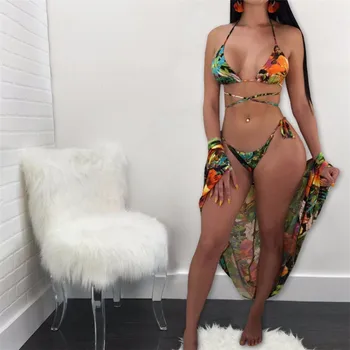 3 Piese De Costume De Baie Femei 2019 Sexy Costume De Baie Bikini Set Floral Imprimat Cover Up Brazilian Cu Talie Înaltă Tanga Cardigan Costum De Baie