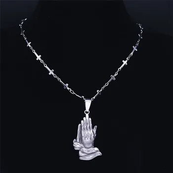 Crucea lui Isus Mâinile Îndoite din Inox Coliere pentru Bărbați/Wmen Culoare Argintie Declarație Colier Bijuterii bijoux femme NK53S01