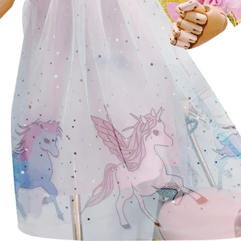 Pentru sugari, Copii Fete de Vară Rochie de Dantelă cu Ochiuri Zburli Unicorn fără Mâneci Multi Strat Dulce Rochii de Printesa cu Unicorn Banda de Păr