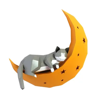 3D Pisica Pe Luna Animale de Hârtie de Perete de Arta Sculptura Model de Jucărie Acasă Decor Camera de zi Decor DIY Hârtie Ambarcațiune Model Partid Cadou