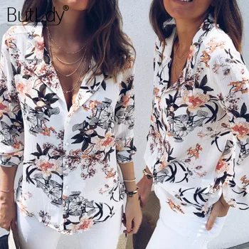 Floral Print Shirt Femei V-Neck Butonul Bluza Tricou De Vara 2019 Casual Cu Maneci Lungi De Bază De Top Office-Eleganta, Tricouri Uzura De Muncă