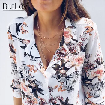 Floral Print Shirt Femei V-Neck Butonul Bluza Tricou De Vara 2019 Casual Cu Maneci Lungi De Bază De Top Office-Eleganta, Tricouri Uzura De Muncă