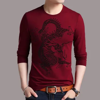 Dragon Print T-Shirt pentru Bărbați 2020 Primăvară Brand Nou de Lungă cu Mâneci lungi tricou Tricouri Barbat din Bumbac Tricouri Stil Chinezesc Teuri Plus Dimensiune 5XL
