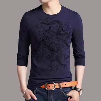 Dragon Print T-Shirt pentru Bărbați 2020 Primăvară Brand Nou de Lungă cu Mâneci lungi tricou Tricouri Barbat din Bumbac Tricouri Stil Chinezesc Teuri Plus Dimensiune 5XL