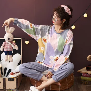 Pijamale Femei Toamna și Iarna din Bumbac cu mâneci Lungi Student Versiunea coreeană Drăguț Ins Femei Plus Dimensiune Serviciu Acasă Costum