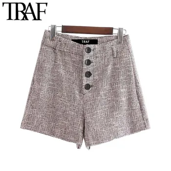 TRAF Femei de Epocă Elegant Houndstooth Tweed, pantaloni Scurți de Moda de Înaltă Talie Buzunare Laterale Scurte de sex Feminin Pantaloni Casual Pantaloni Mujer