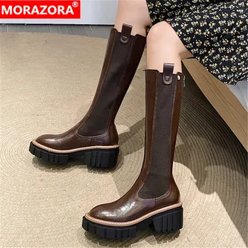 MORAZORA 2020 piele naturala cizme toc patrat rotund toe platforma doamnelor pantofi de iarnă ține de cald genunchi ridicat cizme negre