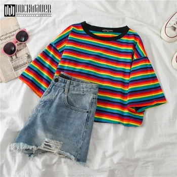 Duckwaver Dulce Rainbow Stripe Femei de Vara T-Shirt Minimalist Maneca Scurta Femei haine de Modă Topuri tricou câteva haine