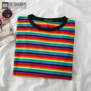 Duckwaver Dulce Rainbow Stripe Femei de Vara T-Shirt Minimalist Maneca Scurta Femei haine de Modă Topuri tricou câteva haine