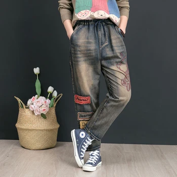Toamna Anului Nou Stil De Arte Femei Jeans Plus Size Broderii Vintage Mozaic Largi, Din Bumbac Denim Pantaloni Harem De Înaltă Calitate D554
