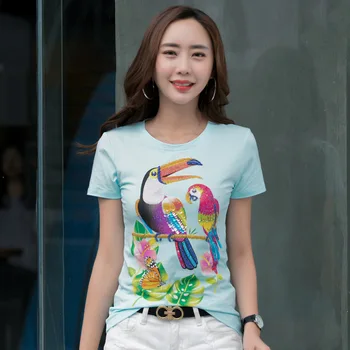 De vară 2020 nouă rundă gâtul femei pe scurt cu mâneci tricou handmade cu margele broderie papagal model de T-shirt