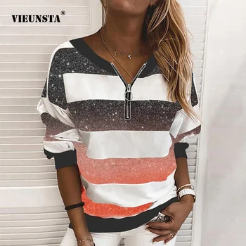 2021 Casual cu Dungi Mozaic Pulover Topuri de Moda pentru Femei cu Maneca Lunga Bluze Camasi Elegante cu Fermoar V Gât Blusas Tricoul 5XL