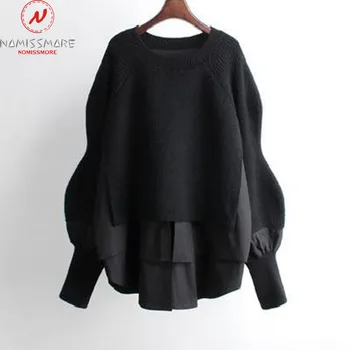 Femei De Moda De Iarnă Tricotate Cald Swaters Patchwork Design O-Gât Mânecă Lungă Lanternă Casual Culoare Solidă Vrac Pulovere Top