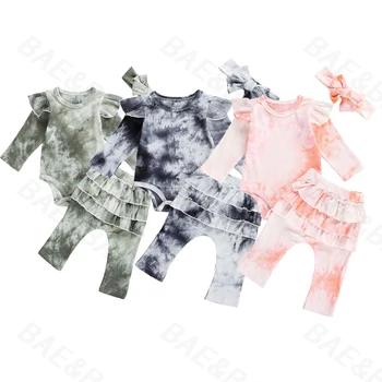 Copil Nou-Născut Băieți Fete Haine Tie Dye Print Long Sleeve Romper+Stratificat Pantaloni Lungi Bentita Copilul Sugar Cu Nervuri Costume Seturi