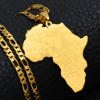 Anniyo Hartă a Africii Cu Steaguri Țară Harta Pandantiv Coliere pentru Bărbați/Femei,de Culoare de Aur din Africa Hărți Bijuterii Cadouri #035321