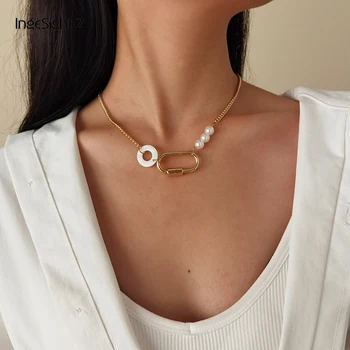 Coreeană Simplă Imitație Pearl Lanț Cravată Colier Acrilic Acid Acetic Rotund Cerc Coliere Guler Collier pentru Femei Bijuterii