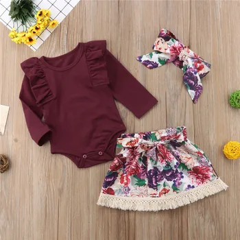De Vânzare fierbinte de Primavara Toamna pentru Copii Fete Copii Volane T-Shirt, Bluze Body Florale, Fuste Mini Bentita 3pcs Set Haine 0-24M