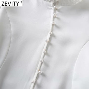 Zevity Femei Elastice Ciufulit Guler și Nasturi de Sidef Alb Scurt, Tricou Femeie Lantern Maneca Curtea Bluza Roupas Topuri Chic LS7601
