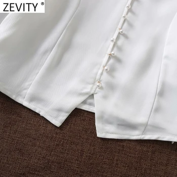 Zevity Femei Elastice Ciufulit Guler și Nasturi de Sidef Alb Scurt, Tricou Femeie Lantern Maneca Curtea Bluza Roupas Topuri Chic LS7601