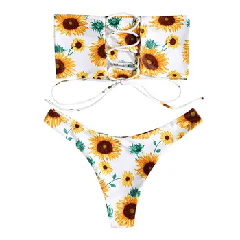 Femei Florale Căptușit Bikini Costume De Baie De Floarea Soarelui, Ananas Bikini Set Costum De Baie Costume De Baie Pe Plajă Vara