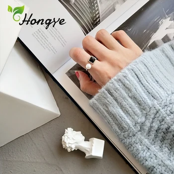 Hongye Femei Deget Inel Pentru Fete Simple, Originale Coreeană Bijuterii Argint 925 Perla Reglabil Agat Negru Petrecere 2020