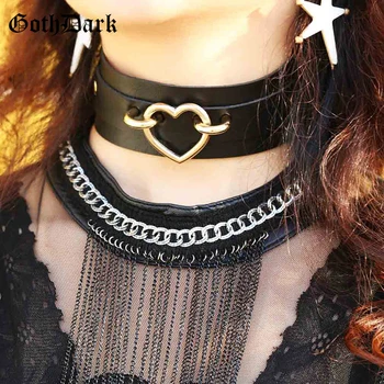 Goth Din Piele De Culoare Închisă Metal Cu Inima De Aur Cravată Colier Gotic Femei De Moda Coliere Harajuku Cuplu Punk Catarama Streetewear 2020