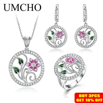 UMCHO Bine Set de Bijuterii Handmade Email Floare CZ Piatră pentru Femei Argint 925 Inel Cercei Colier Pandantiv de Piatră prețioasă