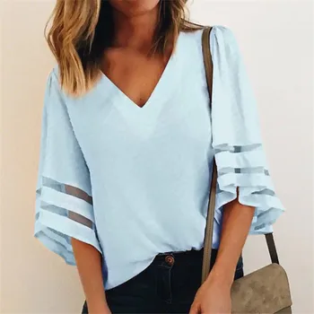 CUHAKCI Plasă Bluza Împletit Plus Dimensiune Camasi Casual de Vară Șifon Tricou Femei Flare Sleeve Bluza Vrac V Gât Topuri Albe