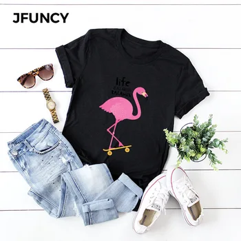 JFUNCY Plus Dimensiunea Femei Tricou Lady Cotton T-shirt Femei Roz Flamingo Imprimare Grafic Tricouri Femei Harajuku Tricouri Topuri