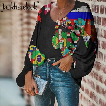 Jackherelook Harajuku Bluza pentru Femei Harta Lumii 3D de Imprimare Sexy V-neck Femei Bluze Camasi Vara Blusas Mujer de Moda 2020