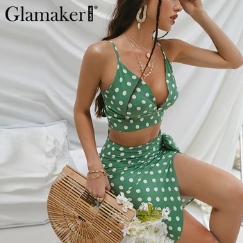 Glamaker V gât bandaj 2 seturi de piese rochie de Vacanță dot imprimate verde de sus și fuste fără Mâneci vară pe plajă feminin costume 2021