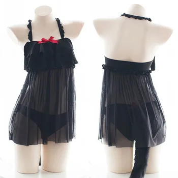 Lolita Japoneze Lenjerie Intima Fete Pisica Cosplay Costum Deschis Picioare Chilotei Coada Gol În Piept Femei Sexy Negru Dantelă Sleepwear