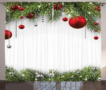 Crăciun Perdele Sezon de Vacanță Fundal cu Frunzele de Pin Ball Design Clasic de Imprimare Living Geamul de la Dormitor, Draperii Roșu