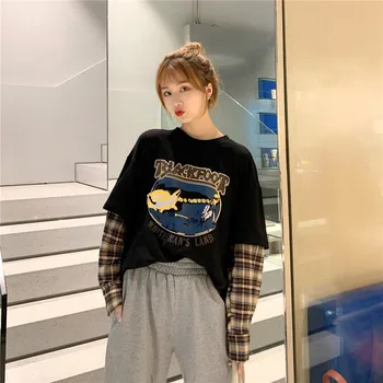 Moda cu Maneci Lungi t-shirt-coreean Simplu supradimensionate grafic tricouri Femei tricouri Agrement Carouri mozaic tricou alb negru de sus