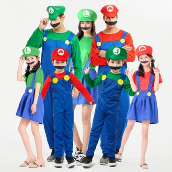 GAMPORL Super Mario Cosplay Costum Adult Copii Părinte-Copil Îmbrăcăminte Partid Rochie Fancy Salopeta Mario si Luigi Set costum de Scenă